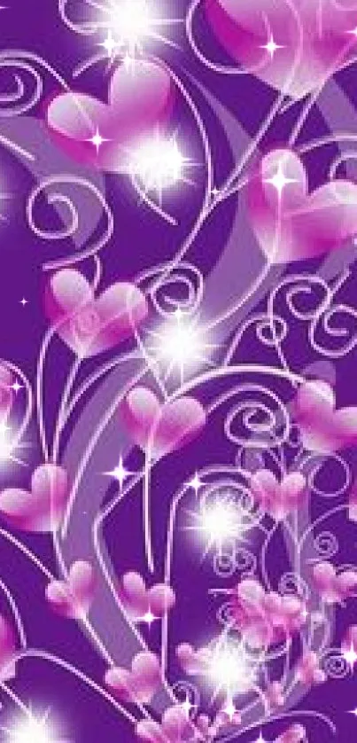 Purple fantasy wallpaper with glowing hearts on a vibrant background.