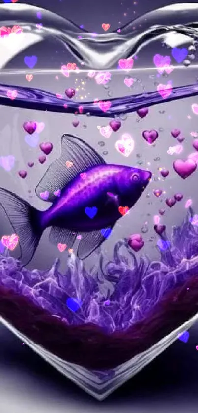 Purple fish inside heart-shaped glass bowl with floating heart bubbles.