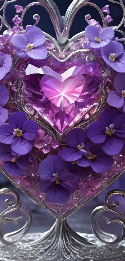 Heart-shaped crystal surrounded by purple flowers, creating a romantic and elegant design.