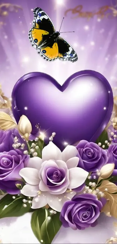 Mobile wallpaper featuring a purple heart with roses and a butterfly.