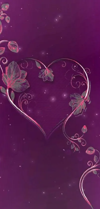 Purple heart and floral design wallpaper for mobile phones.