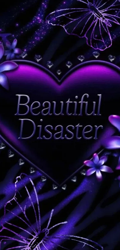 Purple heart wallpaper with floral and butterfly design.