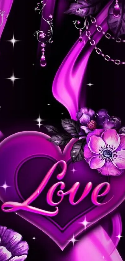 Purple heart and floral design with jewels on black background.