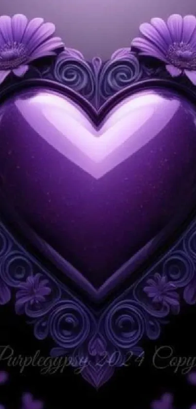 Purple heart with floral design wallpaper.