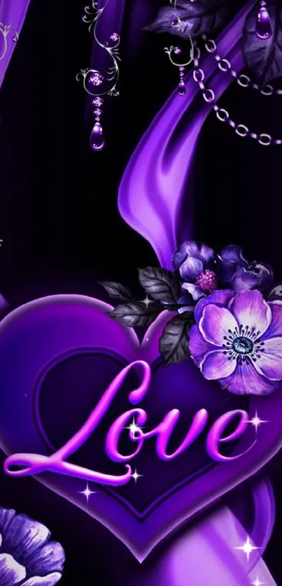 Purple heart floral wallpaper with jewels and flowers.