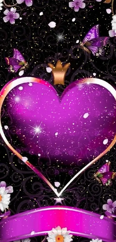 Vibrant purple heart with flowers and butterflies design.