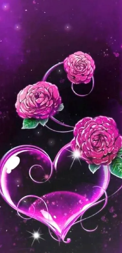 Purple wallpaper with pink flowers and a glowing heart design.