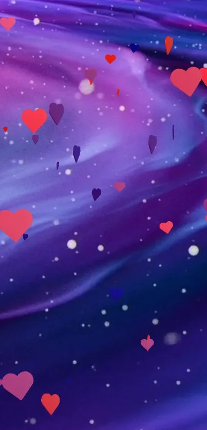 Purple galaxy wallpaper with heart motifs and cosmic stars.