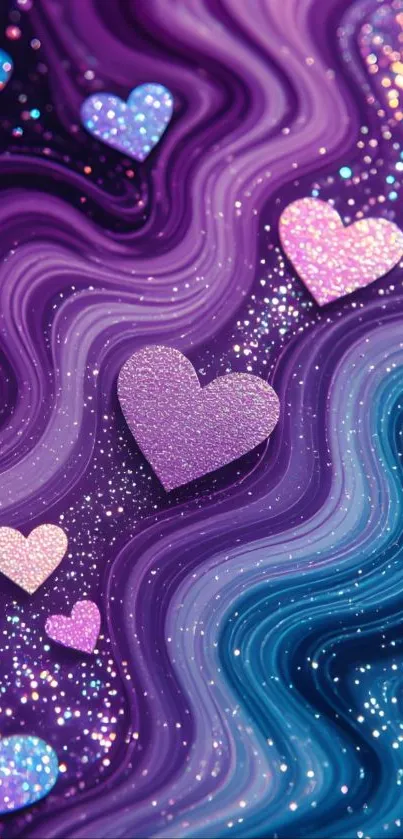 Glittering purple hearts on a cosmic galaxy swirl background.