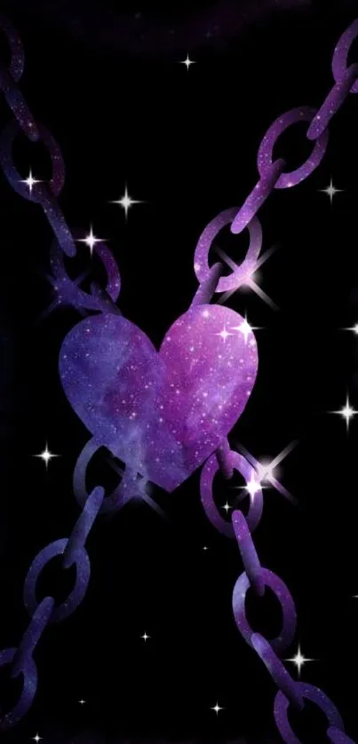 Purple galaxy heart with chains on black background.