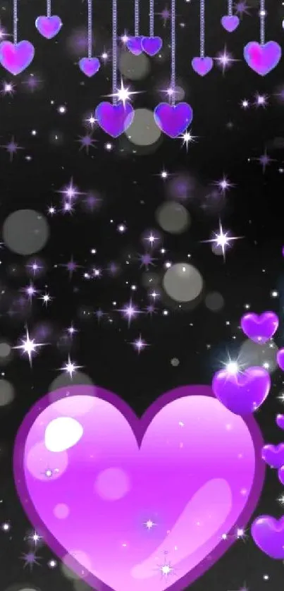 Mobile wallpaper with purple hearts and stars on a dark, cosmic background.