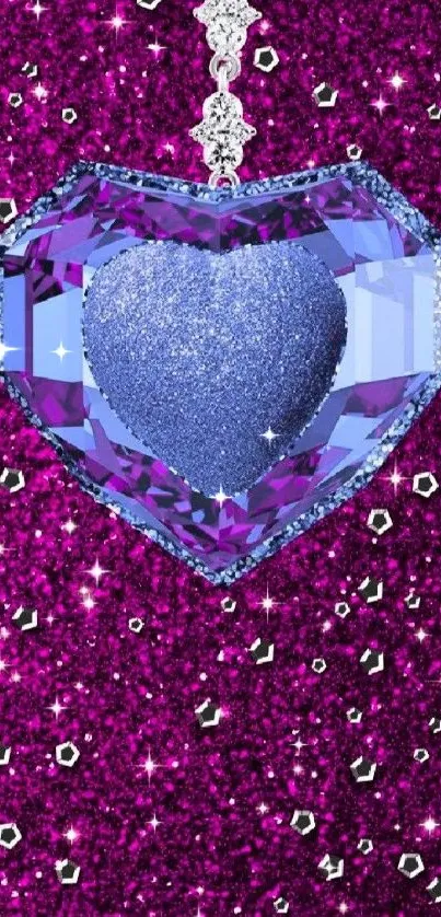 Sparkling heart-shaped gemstone on a glittery purple background.