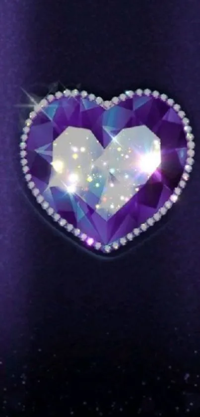 Purple heart gem with sparkling crystals on a dark background.