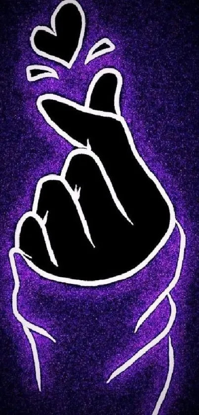 Hand gesture with heart on a purple background, digital art wallpaper.