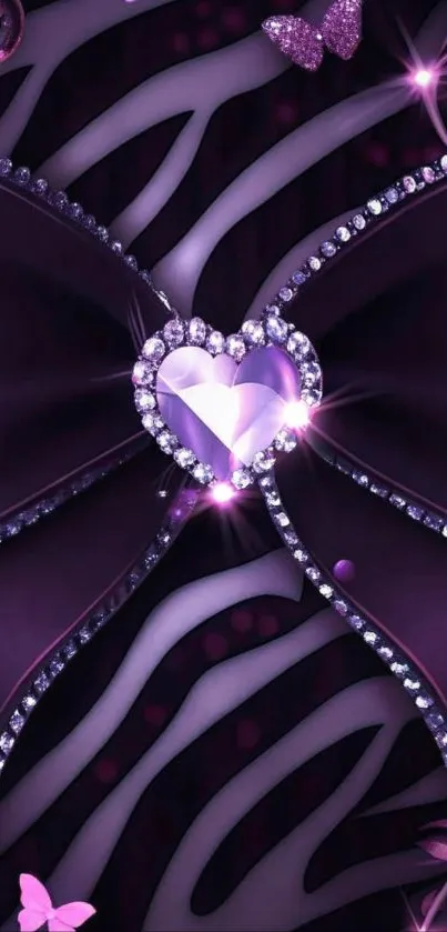 Glamorous purple heart wallpaper with rhinestones and butterflies.