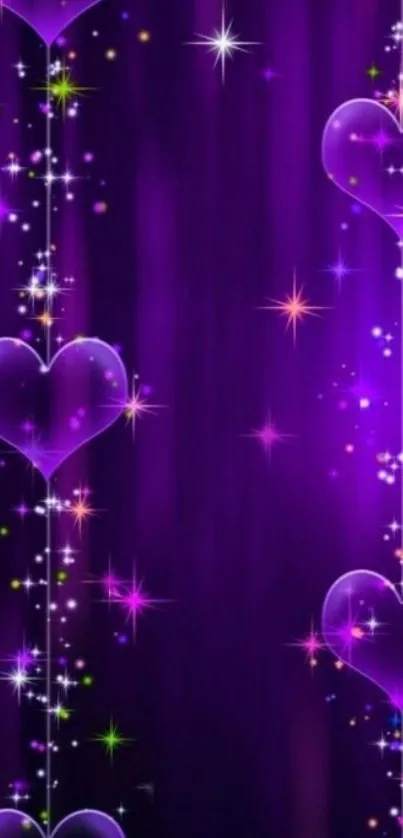 Glamorous purple heart wallpaper with shimmering lights and stars.