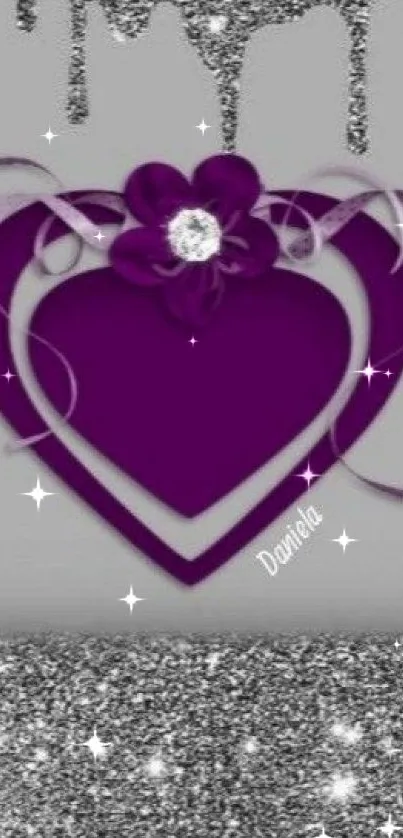 Purple heart and silver glitter phone wallpaper.