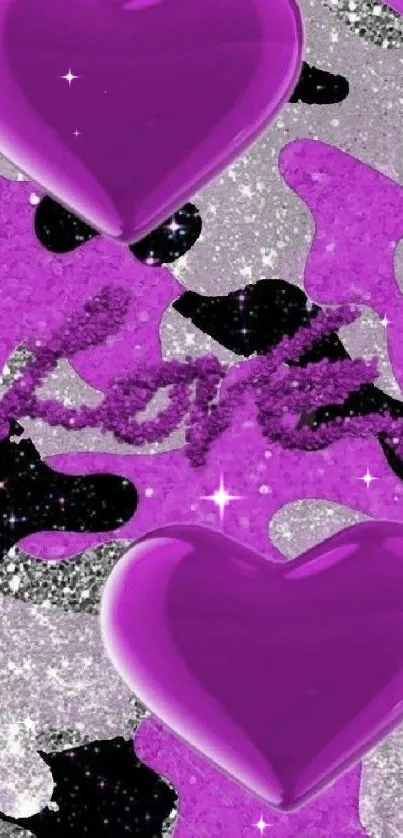 Purple hearts mobile wallpaper with glittery backdrop.