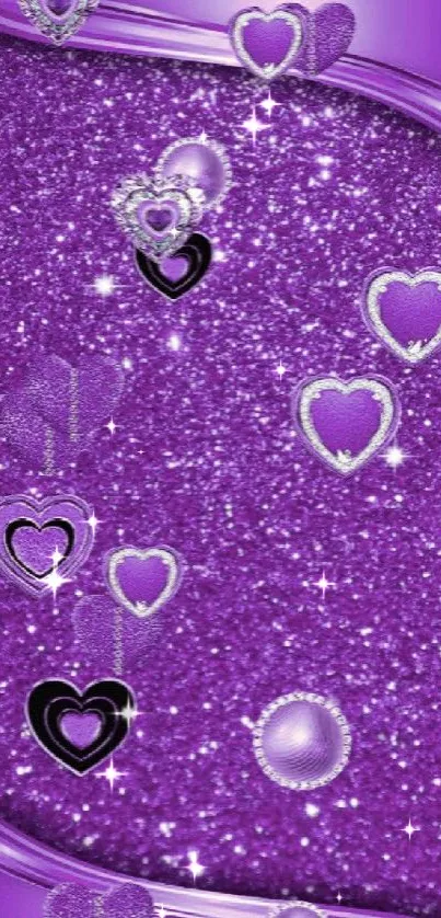 Purple glitter wallpaper with heart designs.