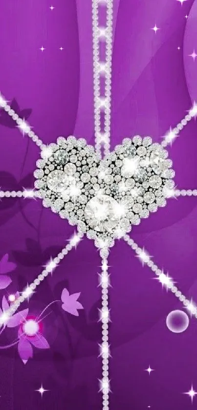 Sparkling heart on purple background wallpaper with floral accents.