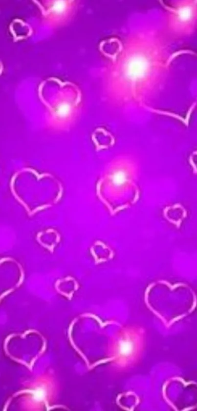 Vibrant purple wallpaper with glowing hearts.