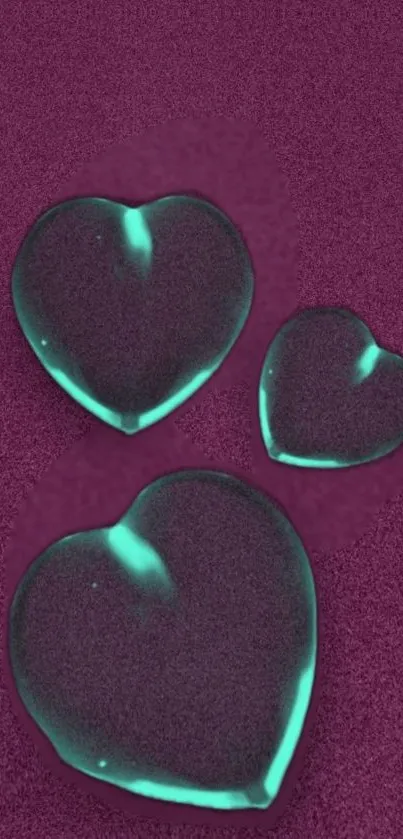 Glowing teal hearts on textured purple background.