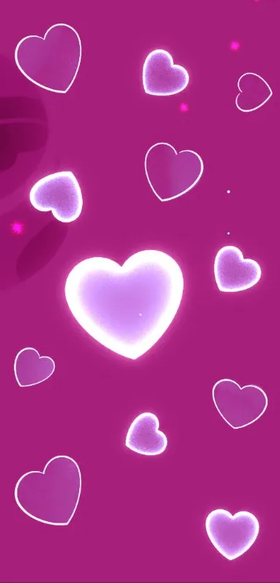 Mobile wallpaper with glowing purple hearts on a vibrant purple background.