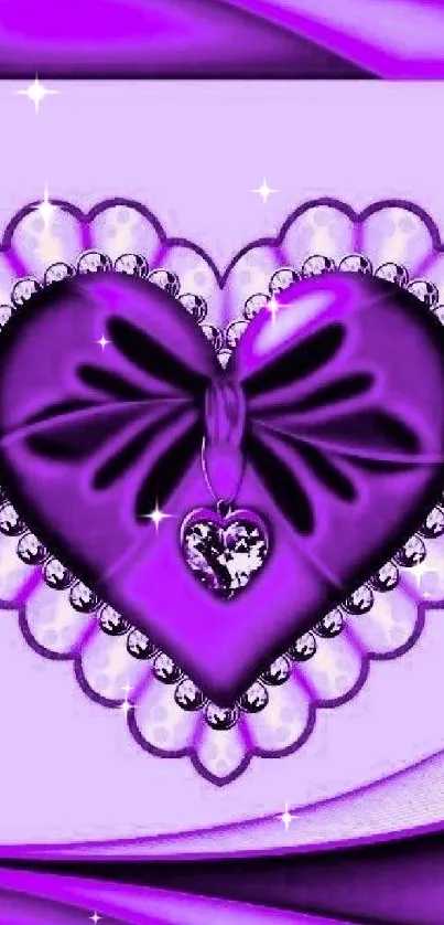 Purple heart with jewel accents and elegant design on mobile wallpaper.