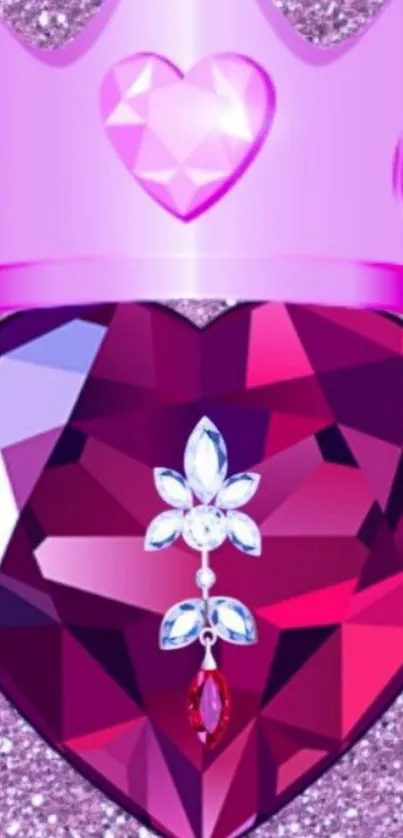 Purple crown and heart-shaped jewel on glittery background.