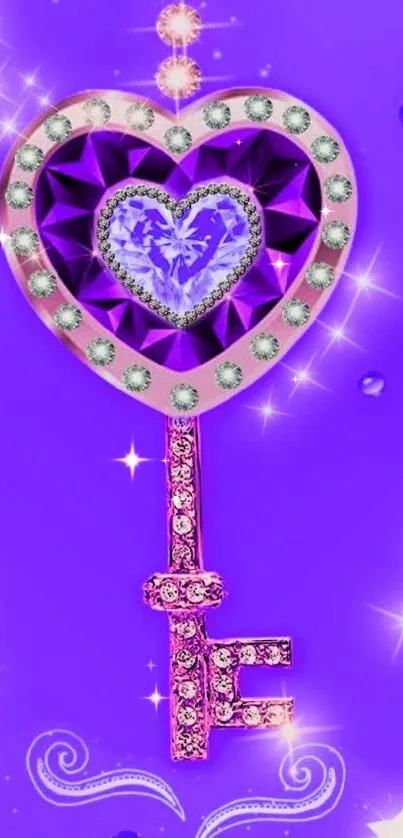 Purple heart-shaped key with gems on vibrant background.