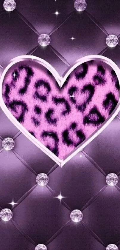 Purple leopard heart wallpaper with quilted design and sparkle accents.