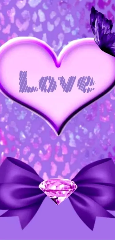 Purple heart with love text and floral accents on vibrant wallpaper.