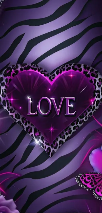Purple heart and zebra pattern wallpaper with butterflies.