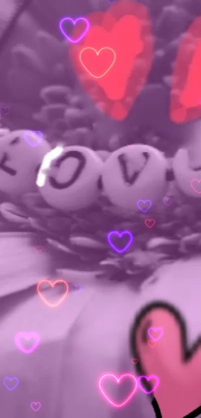 Purple love-themed wallpaper with hearts and beads.