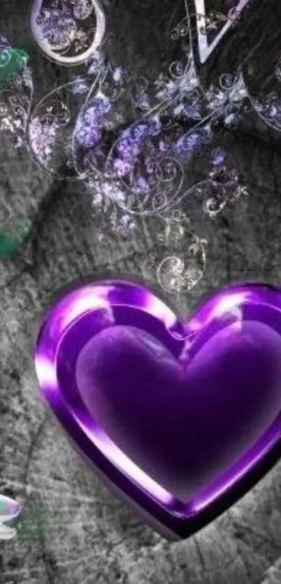 Purple heart design with flowers and 'LOVE' on dark background.