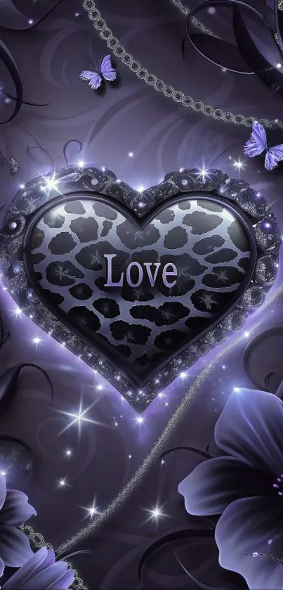 Purple heart with love text and butterflies on floral background.