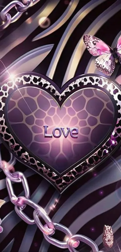 Purple heart wallpaper with chains and butterflies.