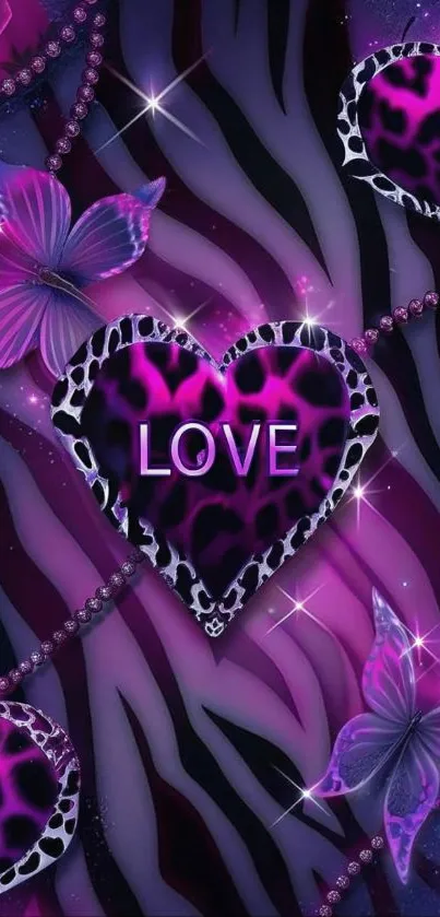 Purple heart love wallpaper with butterflies and zebra pattern.