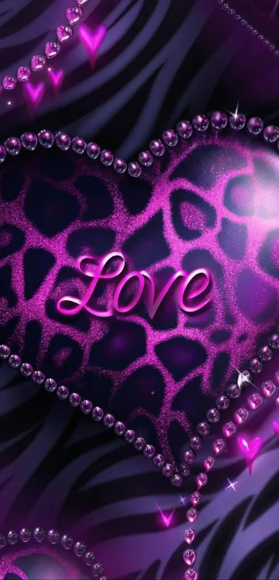 Purple heart with love inscription and leopard print.
