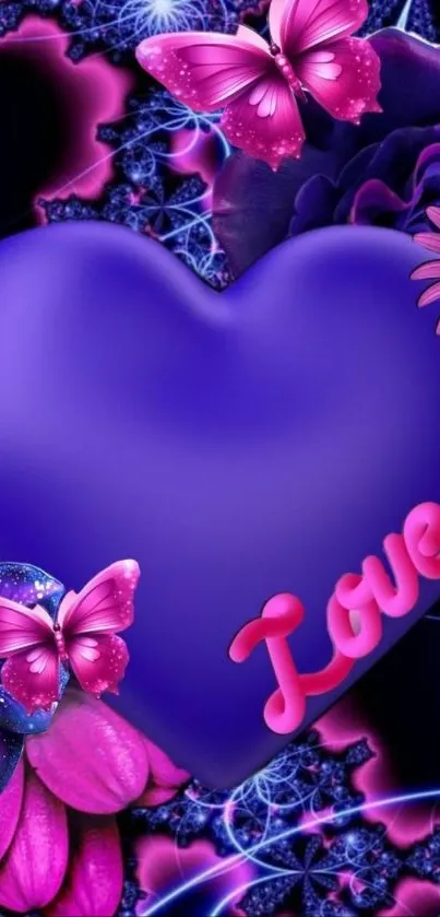 Purple heart with butterflies and flowers