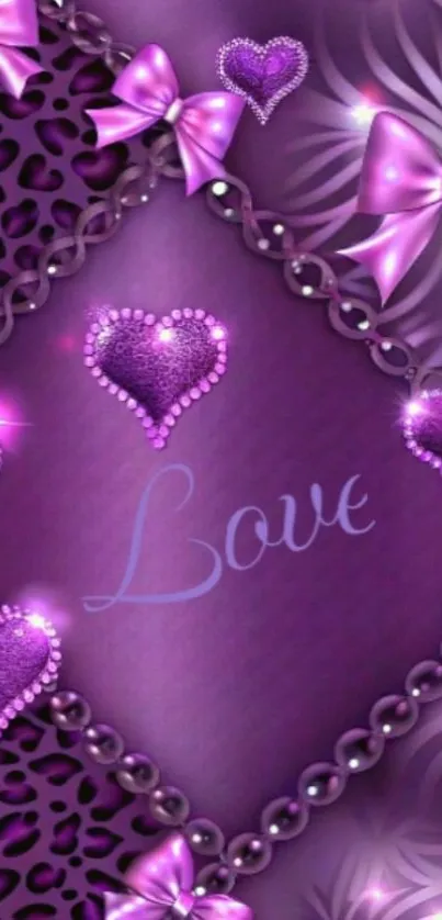 Purple love wallpaper with hearts and ribbons.