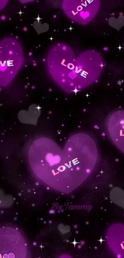 Purple hearts on a black background with love text.