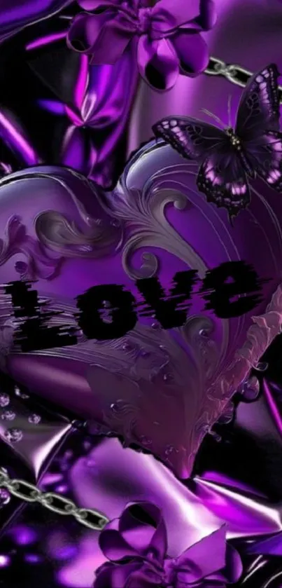 Purple heart love wallpaper with butterfly and floral elements.