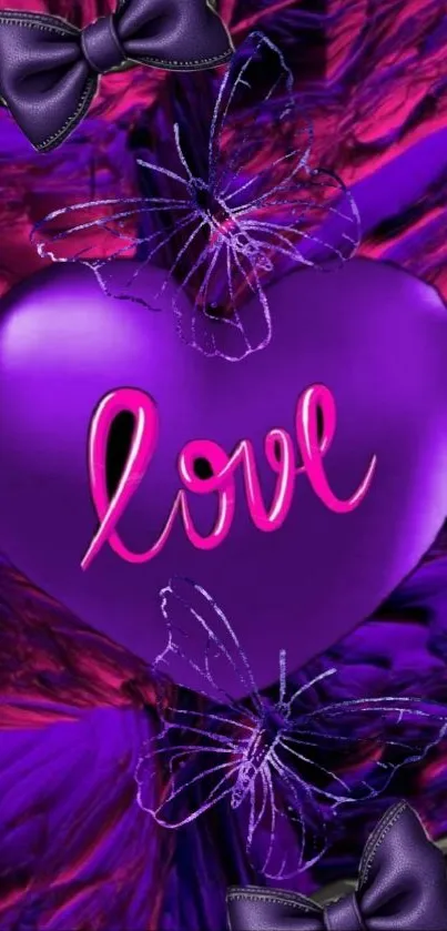 Purple heart wallpaper with love text and butterflies on vibrant background.