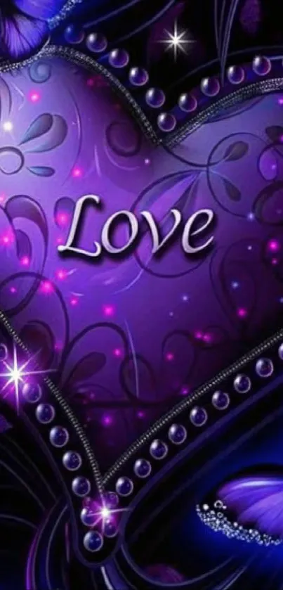 Purple heart with butterflies and sparkles