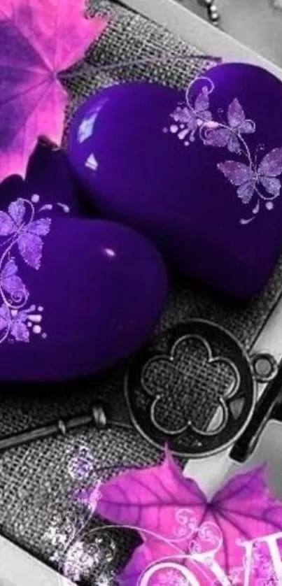 Purple hearts and butterflies mobile wallpaper with love theme.