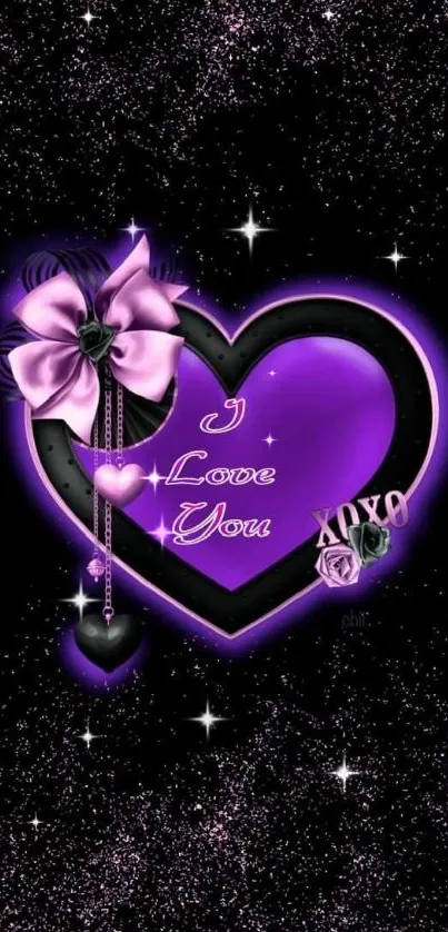 Purple heart wallpaper with 'I Love You' message and floral accents.