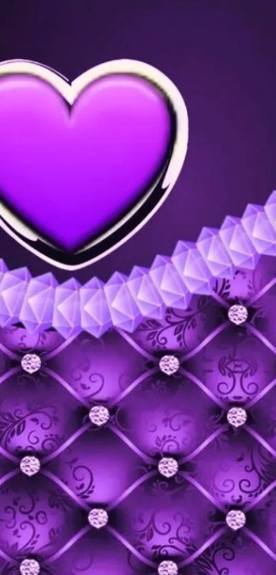 Elegant purple heart wallpaper with quilted design and crystal accents.