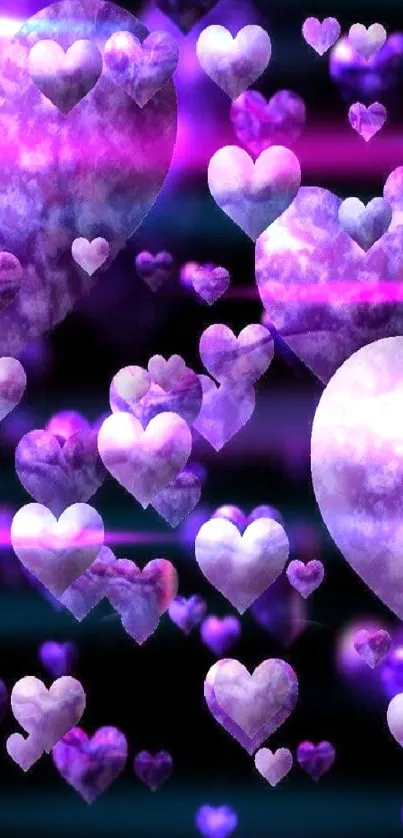 Floating purple hearts create a charming mobile wallpaper.