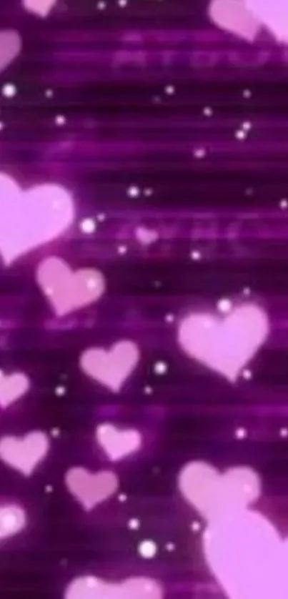 Purple heart wallpaper with pink hearts and sparkles.